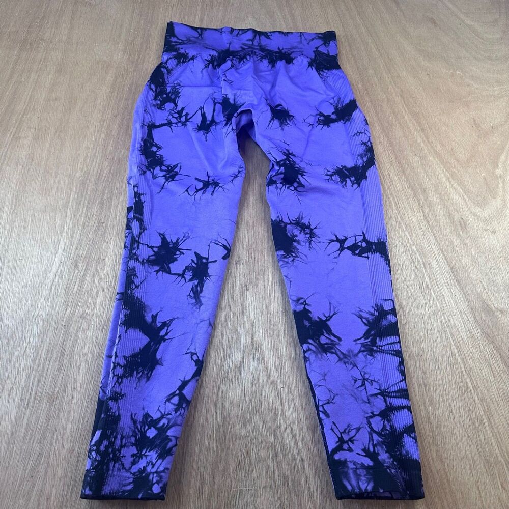 Women’s XL High Waist Seamless Leggings Bundle Tie Dye Purple Dark Teal 2 Pair